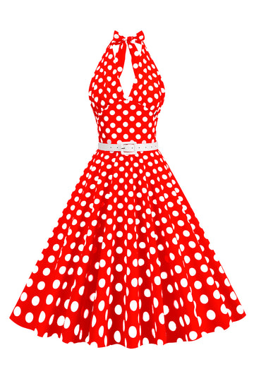 Hepburn Style Halter Neck Polka Dots Red 1950s Dress
